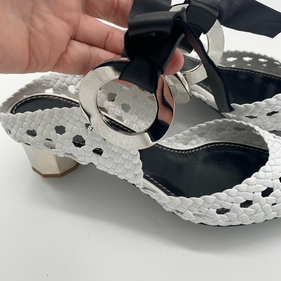 Proenza Schouler Woven Leather Mules Pointed Toe Silver Heel Black Bow - Picture 8 of 9